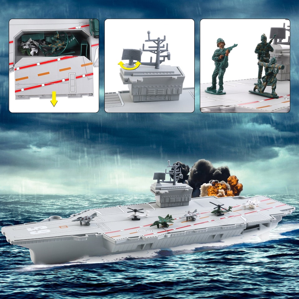 image 1 of Aircraft Carrier Military Toy Set – 20+ Accessories | Warplanes, Vehicles, Battleships & More | Gift for Kids