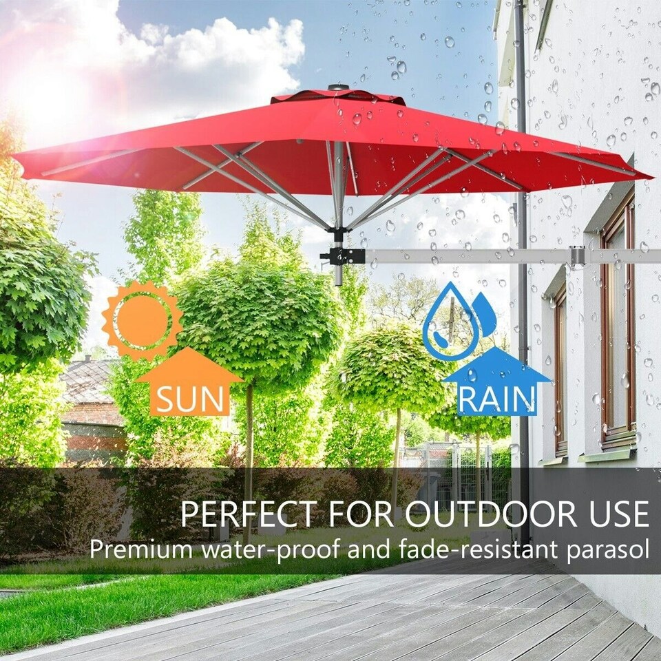 image 1 of COSTWAY Garden Wall Mounted Cantilever Parasol Tilting Umbrella Red