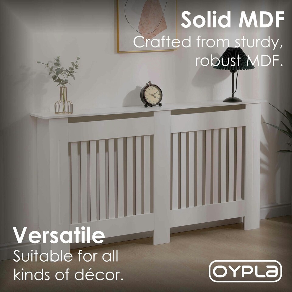 image 1 of Oypla Large White Wooden Slatted Grill Radiator Cover MDF Cabinet