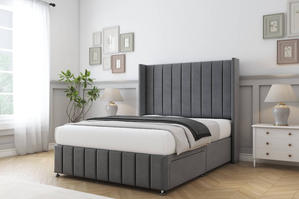 image 1 of Sloomy Melbourne Armour Coniston Divan Bed With Mattress No Drawers With 54" Wingback Headboard & 12" Matching Footboard 5' King | Grey | Armour | King | 1
