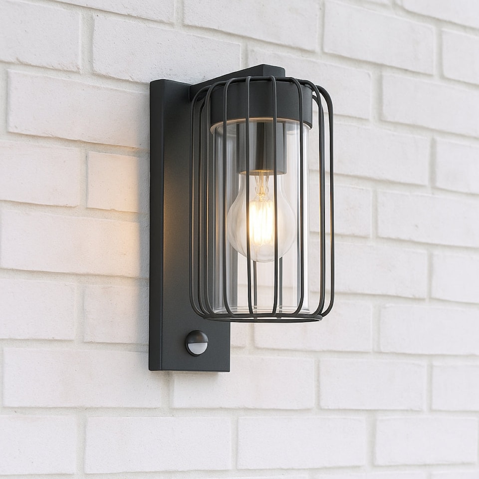 image 1 of CGC Alvin PIR Motion Sensor Black Outdoor Stainless Steel Cage Wall Lantern Light IP54