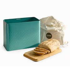 Cooks Professional Diamond Pattern Bread Bin with Linen Bag & Bamboo Cutting Board Lid | Green | Teal | 1