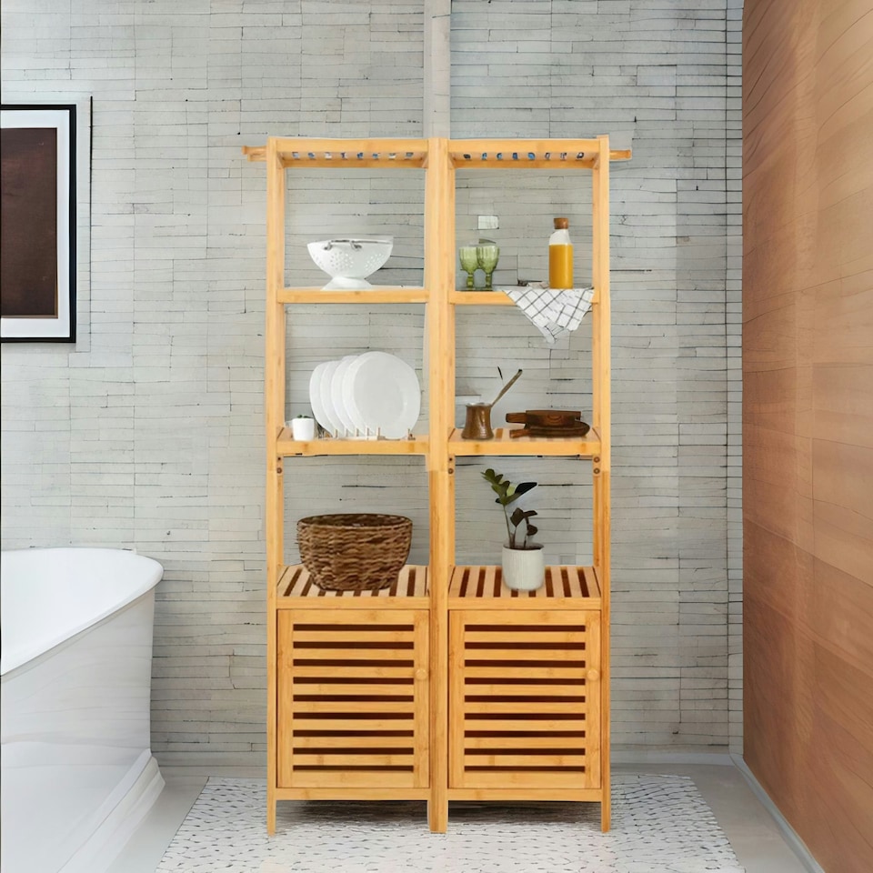 image 1 of Tall Bathroom Storage Cupboard With 3 Shelves Natural Brown Brown