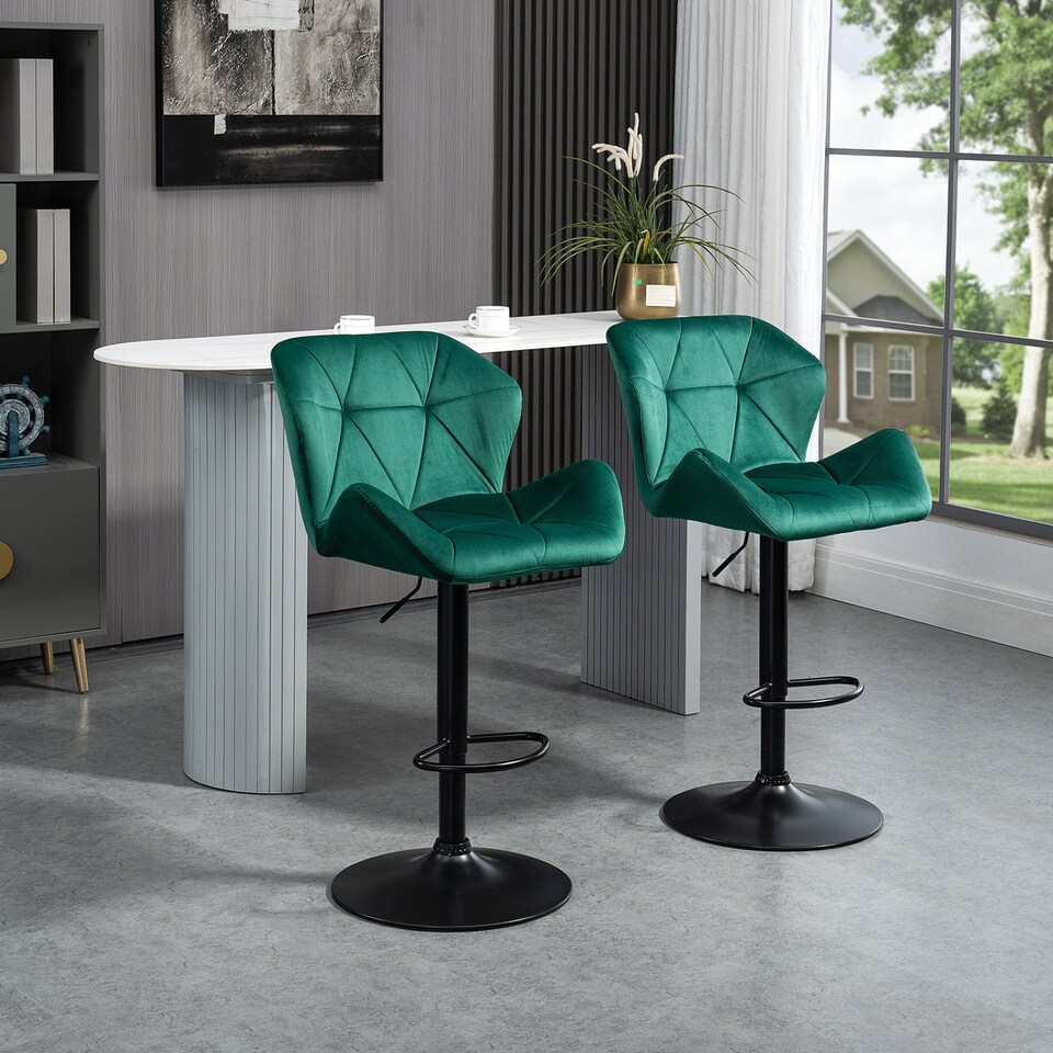 image 1 of HOMCOM Bar Stools Set Of 2, Luxurious Velvet-Touch Barstools with Metal Frame Footrest Round Base Triangle Indenting Moulded Seat Adjustable Height Swivel Green