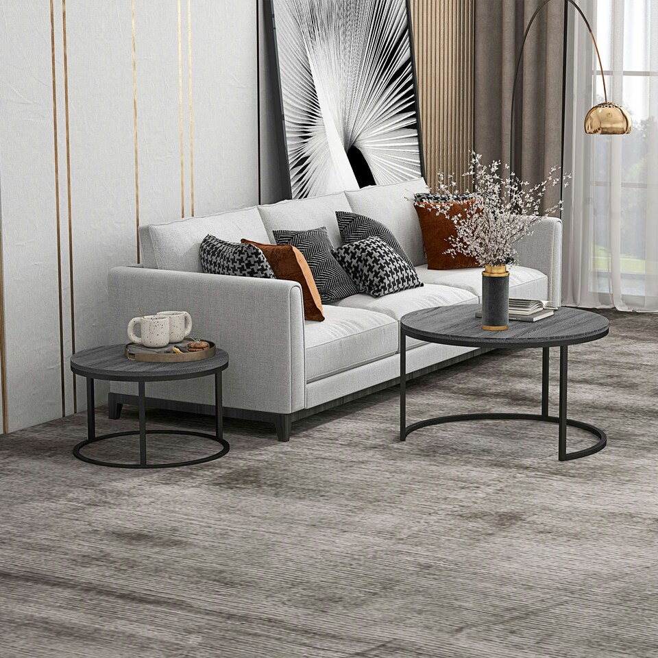 image 1 of HOMCOM 2 Pcs Stacking Coffee Table Set Steel Frame, Marble Grey Black