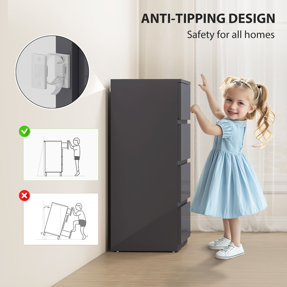 image 1 of HOMCOM Chest of Drawers, Modern 4 Drawer Dresser with Soft Closing Mechanism for Bedroom, High Gloss Grey