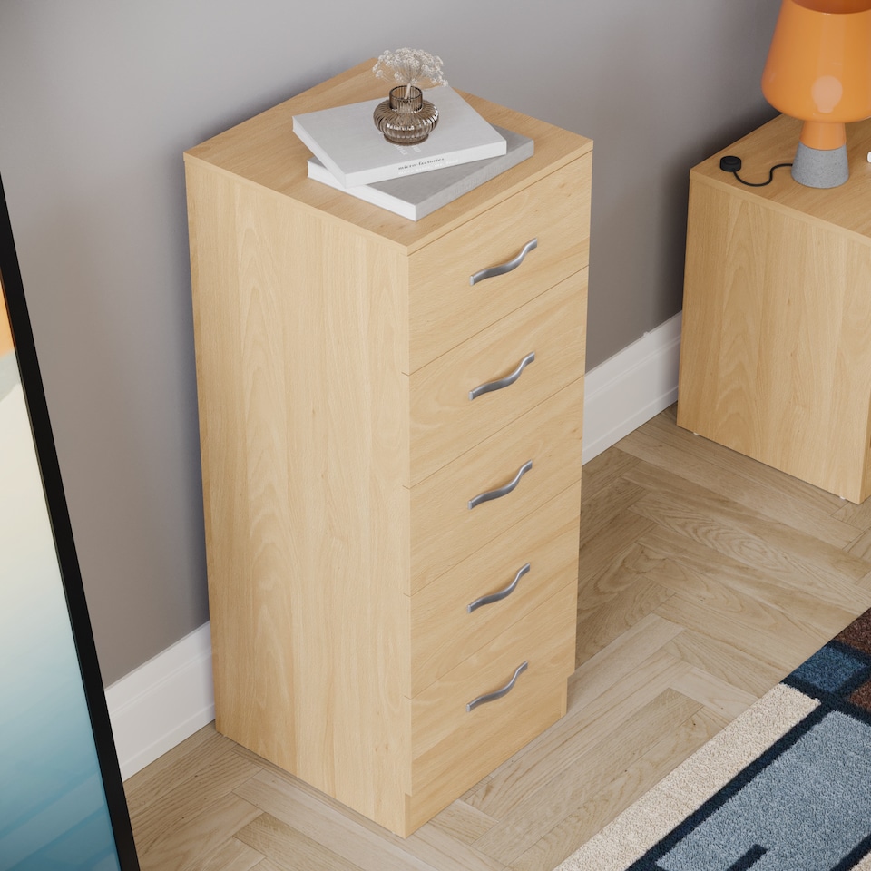 image 1 of Vida Designs Riano 5 Drawer Narrow Chest of Drawers Bedroom Storage, Pine
