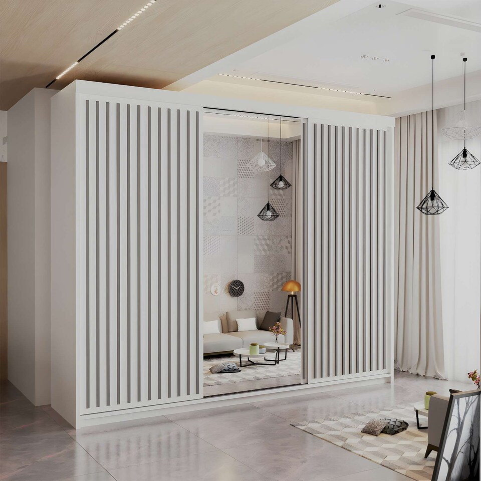 image 1 of Sliding Wardrobes 4U Modern Vertical Panelled Mirror Sliding Wardrobe – 150cm to 250cm, White, Black, Grey, Oak | White | (Grey Strip) 250cm