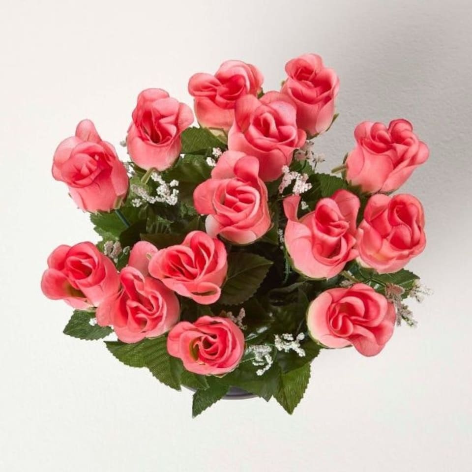 image 1 of Homescapes Set of 3 Artificial Rosebuds with Gypsohila in Grave Vase