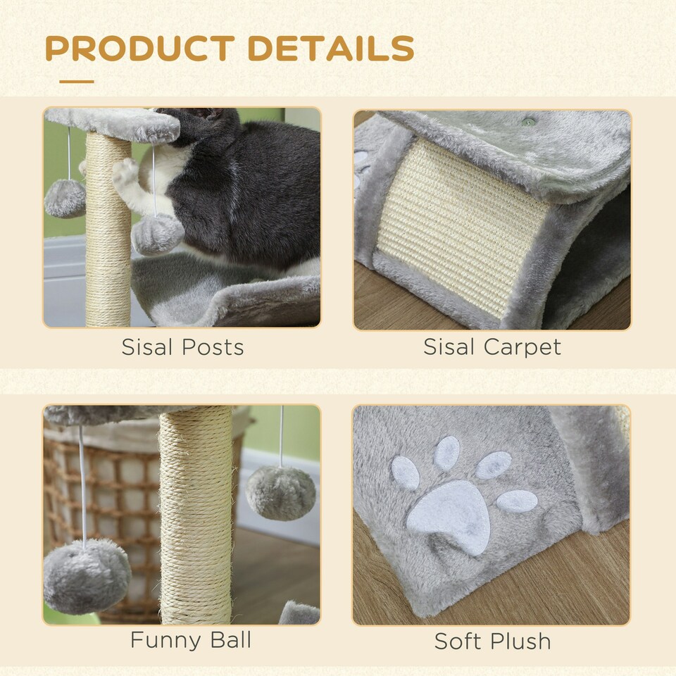 image 1 of PawHut Cat Tree Tower, Rotatable Top Bar, Sisal Post, Tunnel, Balls, Grey