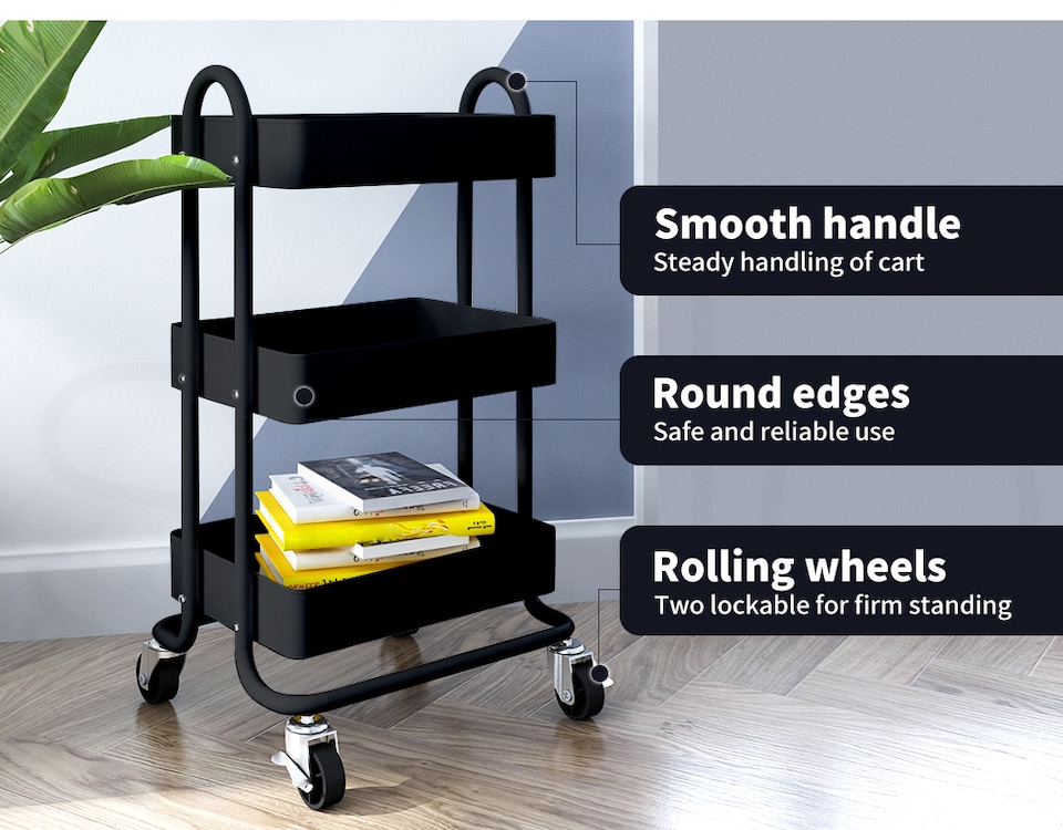 image 1 of Levede 3 Tiers Kitchen Trolley Cart | Black | Black