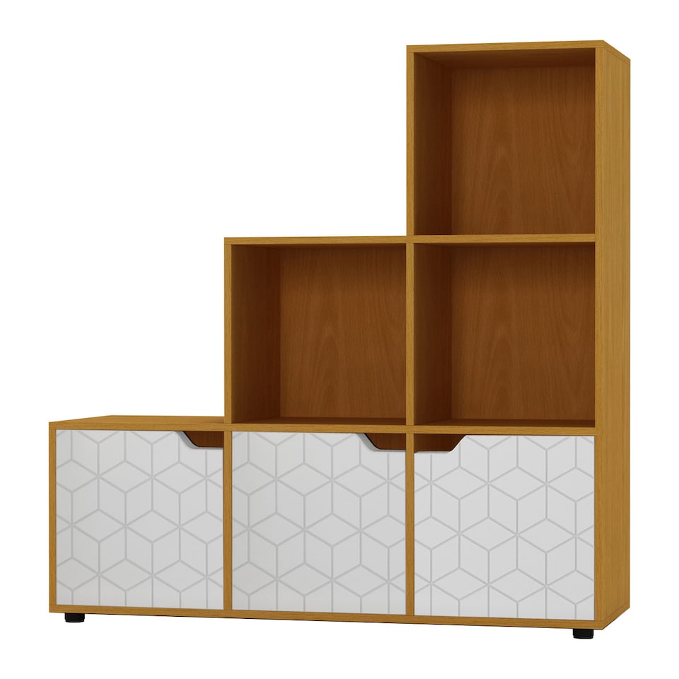 image 1 of 6-Cube Step Shelving Unit With Geo Doors | Cream | Beech & White | 1