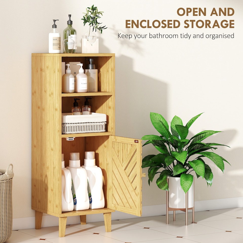 image 1 of HOMCOM Slim Bathroom Cabinet with Bamboo Door and Legs, Narrow Bathroom Storage Cabinet, Freestanding Storage Cupboard with Open Compartments, 32 x 30 x 90 cm, Natural Wood Finish