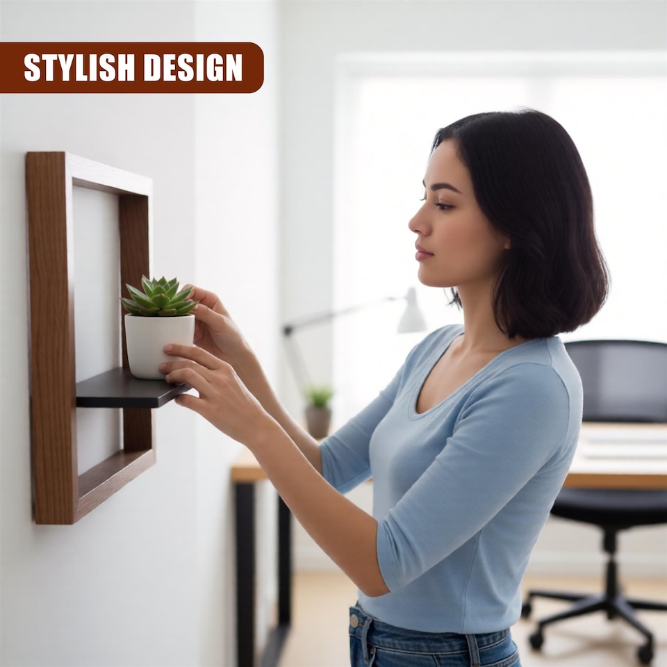 image 1 of GEEZY Square Floating Wall Shelf 30cm Wooden 3D Picture Ledge for Decor and Photos