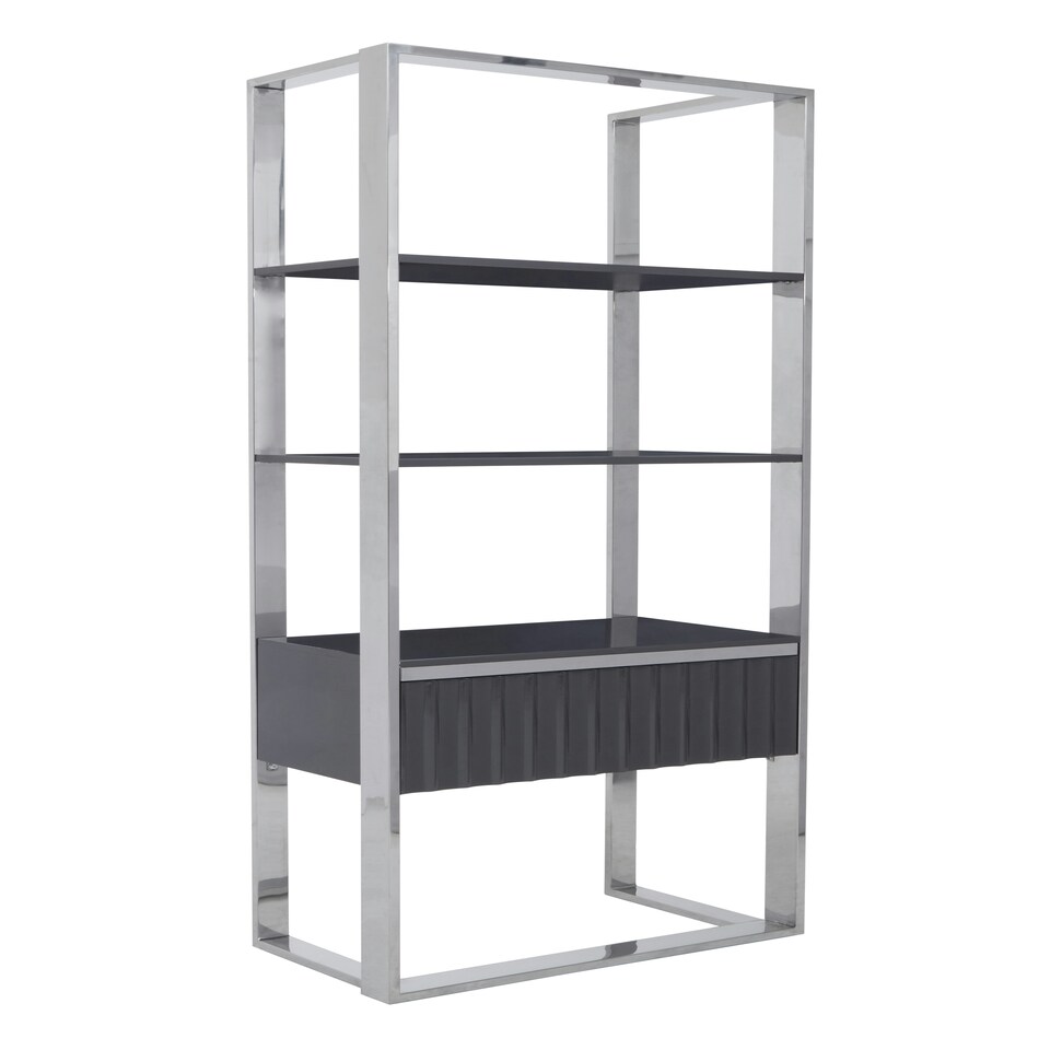 image 1 of Interiors by Premier Hi Gloss Grey Shelf Unit, Sleek Grey Gloss Shelves with Polished Stainless Steel Frame, Modern Open Storage Silver