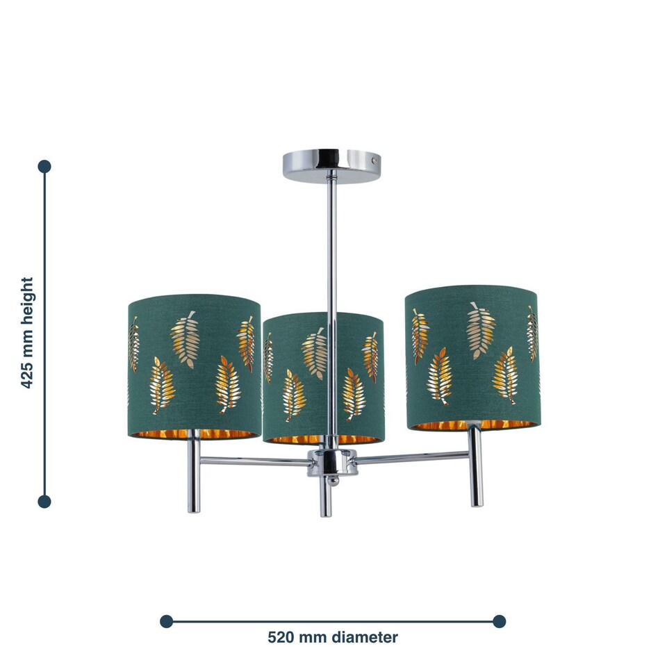 image 1 of Brea - Chrome 3 Light Fitting with Dark Green Fern Shades | Chrome | Green | 1