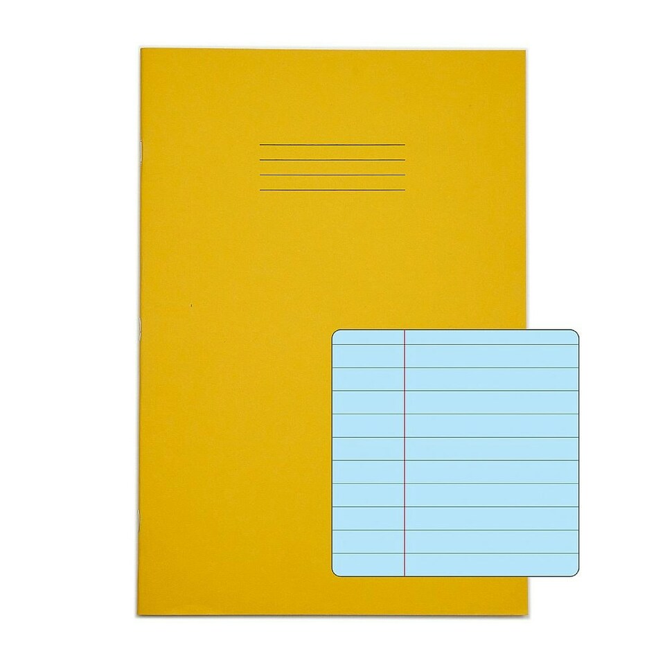 image 1 of Pack of 10 Rhino A4 48 Page Yellow with Blue Tinted Paper 8mm Lined with Margin Exercise Books
