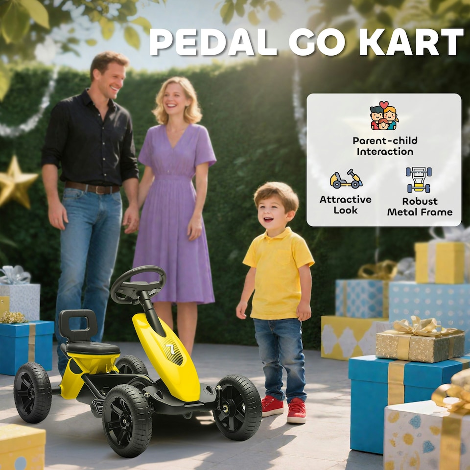 image 1 of AIYAPLAY Pedal Go-Kart for Kids with Silent EVA Wheels, Metal Frame, Yellow