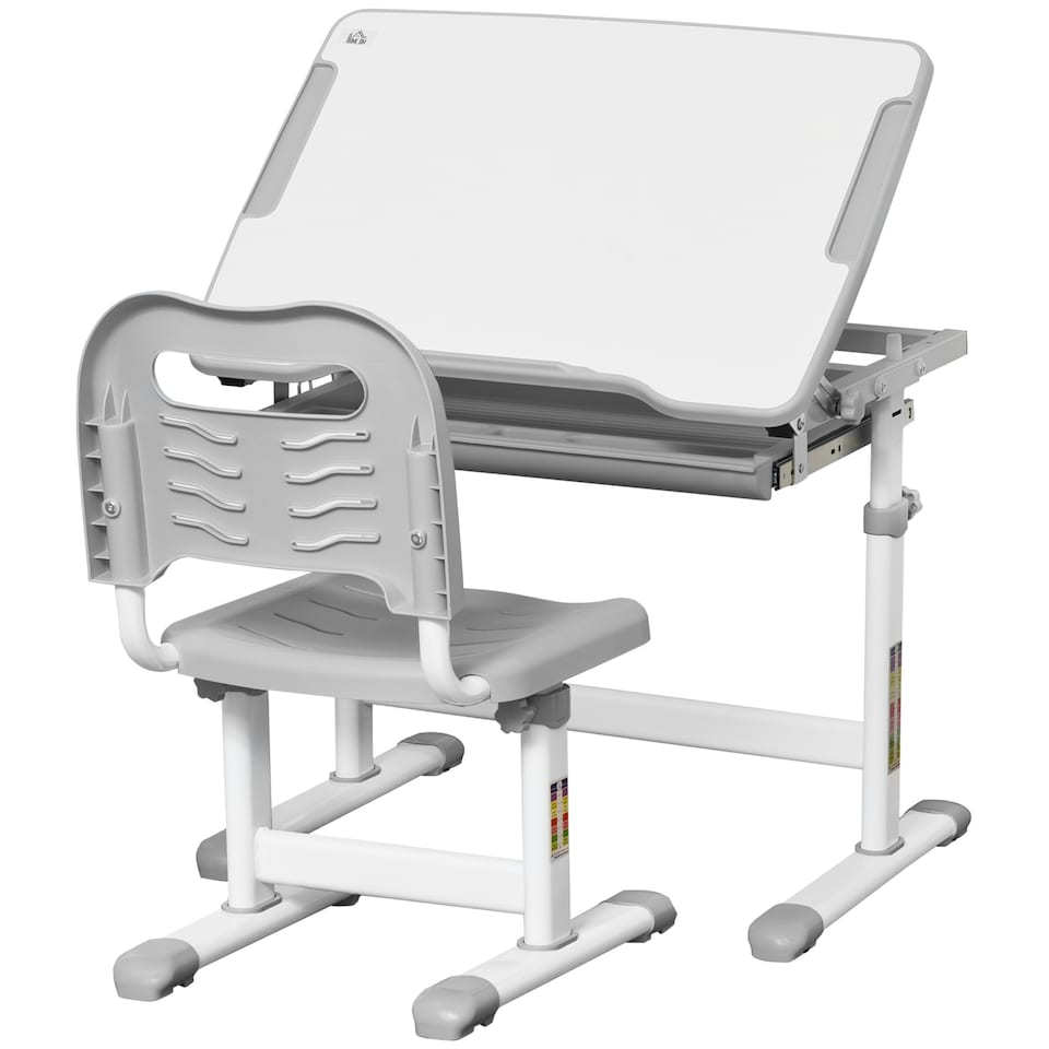 image 1 of HOMCOM Kids Desk and Chair Set Adjustable Tiltable with Drawer Pen Slot Hook | Grey