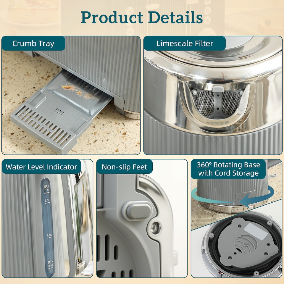 image 1 of HOMCOM Electric Stainless Steel Kettle and Toaster Set, 3000W 1.7L UK Strix Thermostat Fast Boil Kettle w/ Limescale Filter, Cool Touch Body, 4 Slice Toaster with 7 Browning Levels, Crumb Tray, Taupe