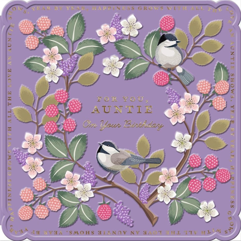 image 1 of Floral Purple Design with Birds Berries Auntie Birthday Card