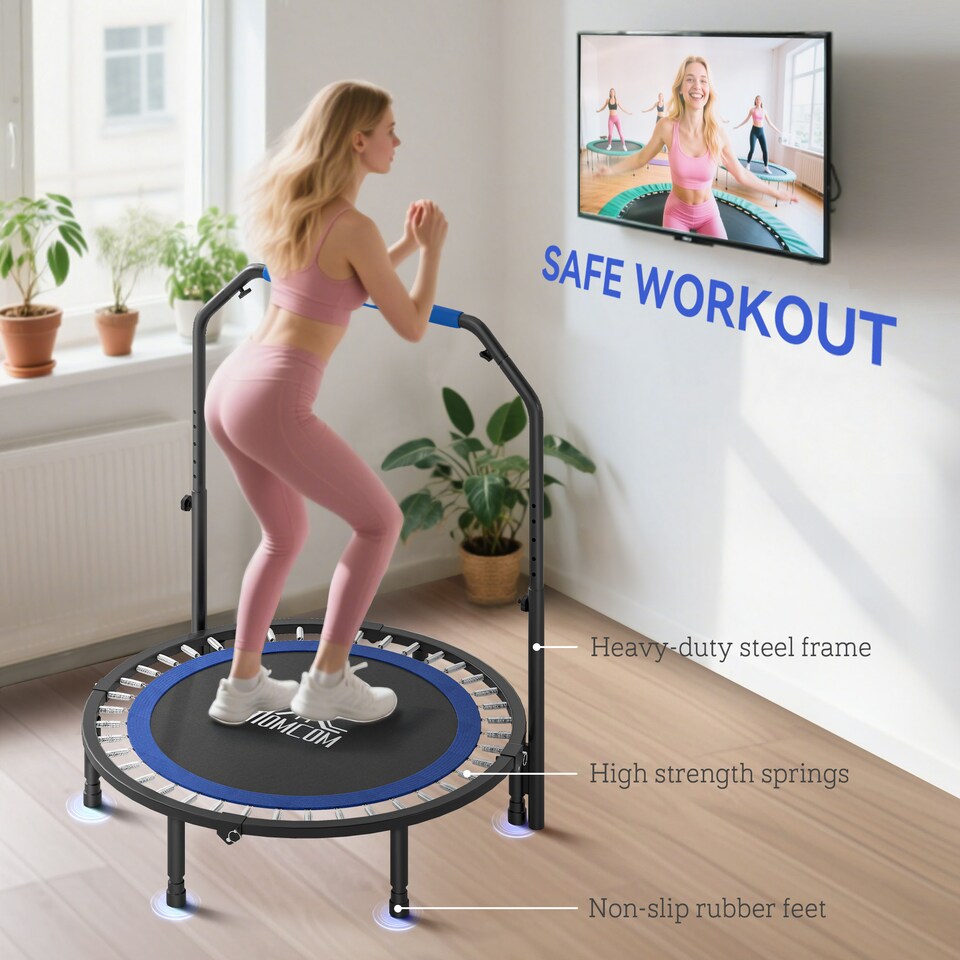 image 1 of HOMCOM 45" Foldable Mini Trampoline Fitness Trampoline Rebounder for Adults with Adjustable Foam Handle, for Indoors, Outdoors, Cardio Training, Blue | Blue