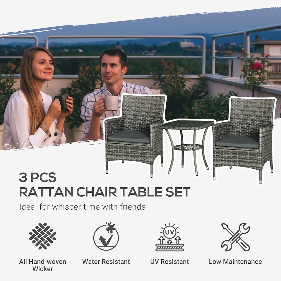 image 1 of Outsunny 3 Pieces Rattan Bistro Set, Wicker Garden Furniture Set with 2 Tier Coffee Table and Chairs, Washable Cushions, for Outdoor Patio Balcony, Mixed Grey