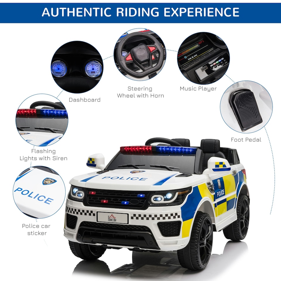 image 1 of HOMCOM 12V Kid Electric Ride On Police Car w/ Remote Siren Bluetooth 3-6 Years
