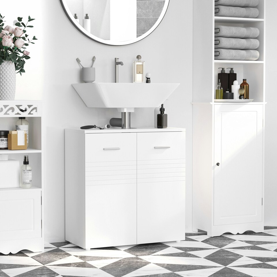 image 1 of kleankin Bathroom Pedestal Under Sink Cabinet with Storage Shelf Double Door White | White