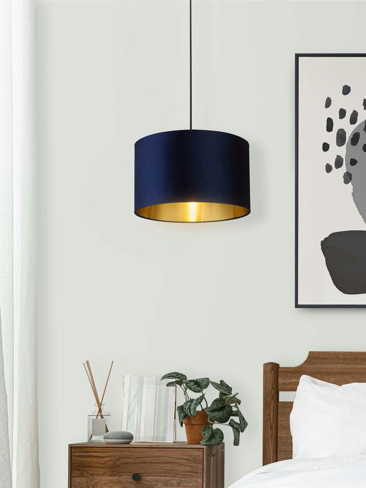 image 1 of NAVY VELVET DRUM SHADE & GOLD INNER (D40cm)
