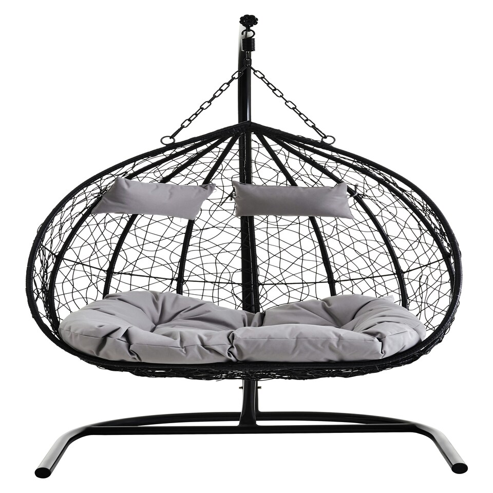 image 1 of Interiors by Premier Versatile Double Black Hanging Chair, Plush Comfort Bedroom Chair, Stable Indoor Chair with grey cusions