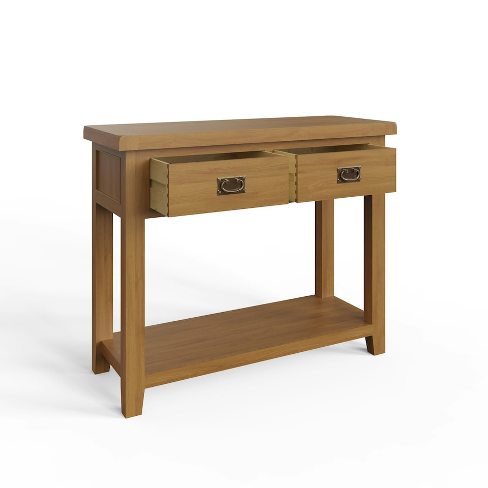 image 1 of Robus Solid Oak Console Table 2 Drawer Brown
