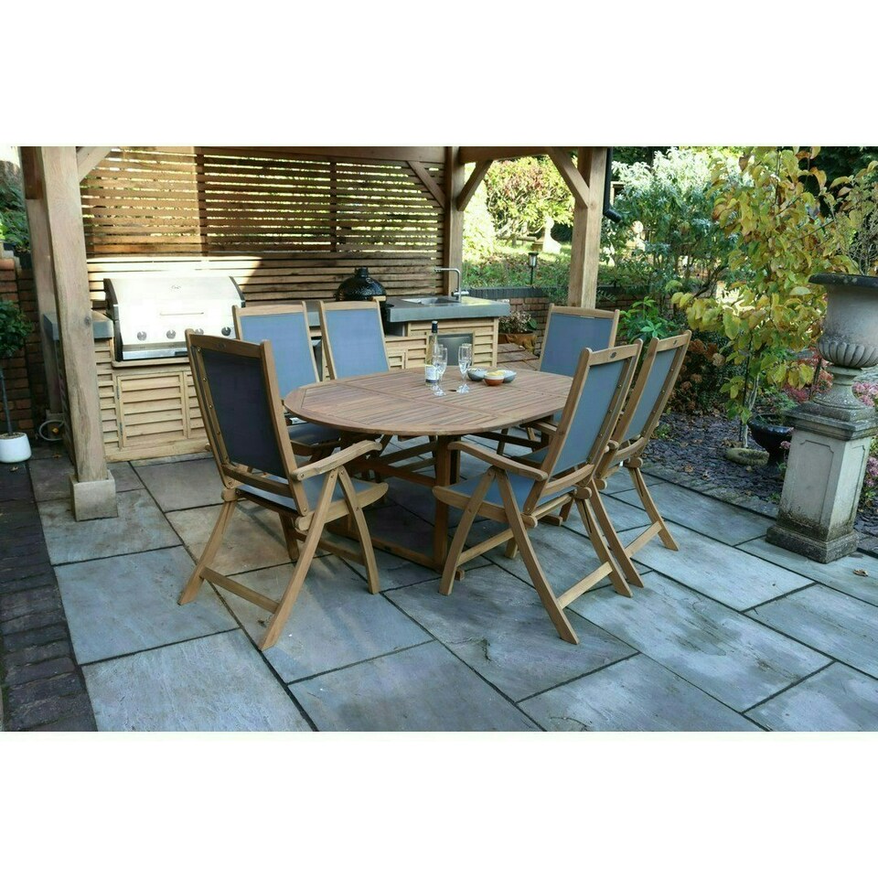 image 1 of Turnbury 6 Seater Dining Set with Folding High Back Armchairs and Round Extending Table - Acacia Hardwood