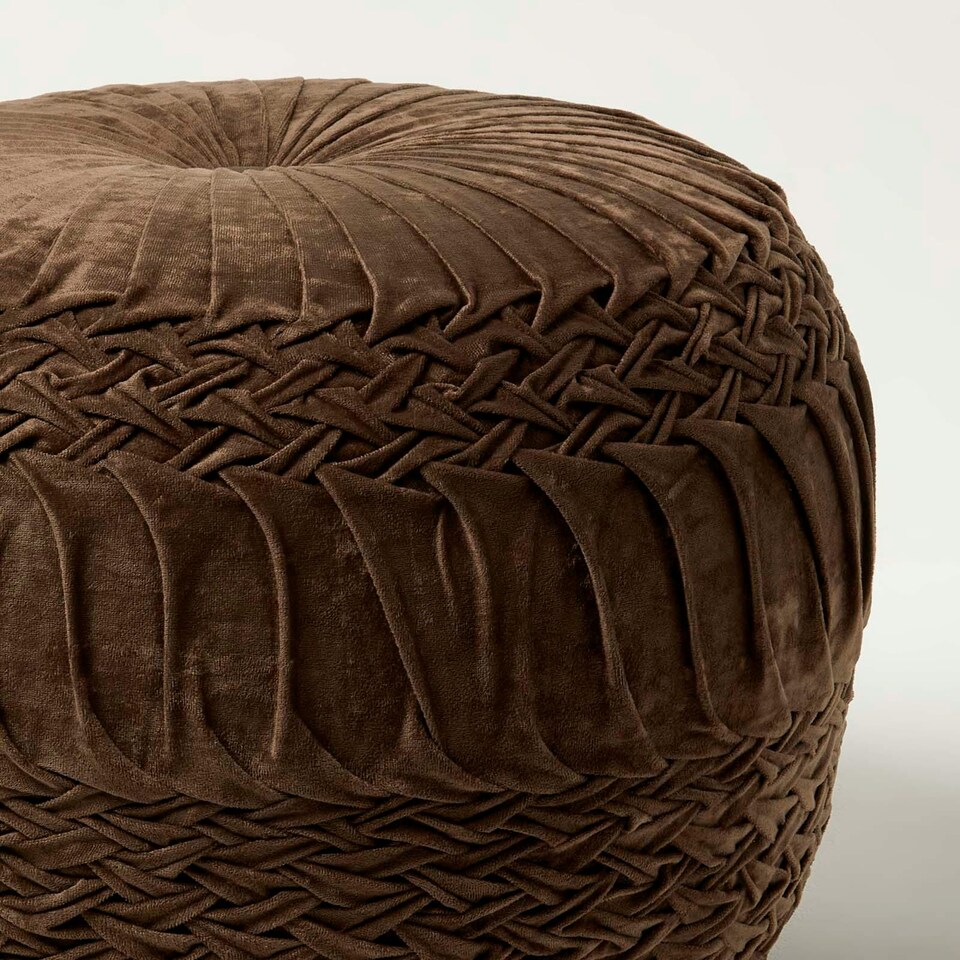 image 1 of Homescapes Sofia Pleated Velvet Chocolate Brown Pouffe