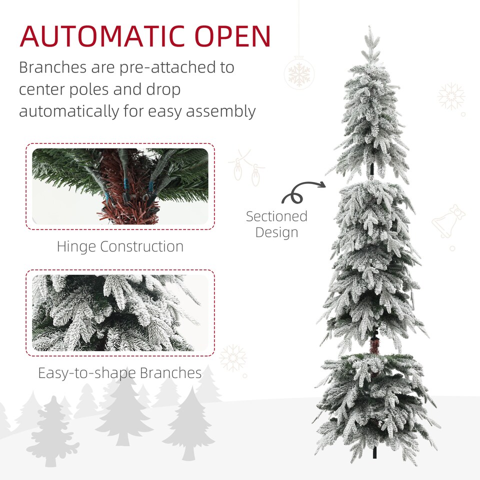 image 1 of HOMCOM 7ft Pencil Artificial Christmas Tree, Snow Flocked mas Tree with Downswept Branches and 800 Tips, Auto Open, Steel Base, Holiday Decoration for Home Office, Green