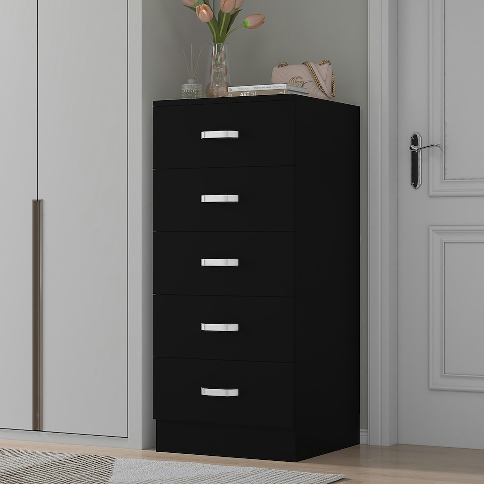 image 1 of FWStyle Tunis 5 Drawer Tallboy Slim Chest Of Drawers - Matt Black