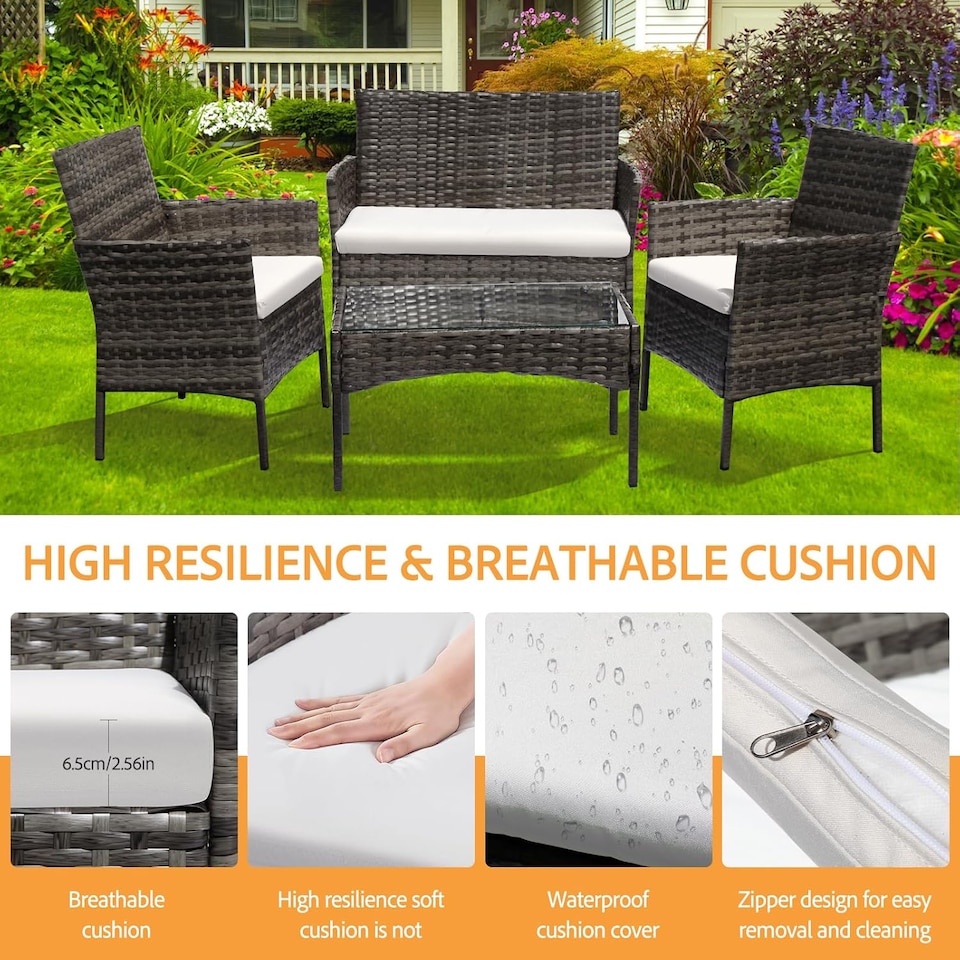 image 1 of Grey 4 Seater Rattan Dining Set with Soft Cushions