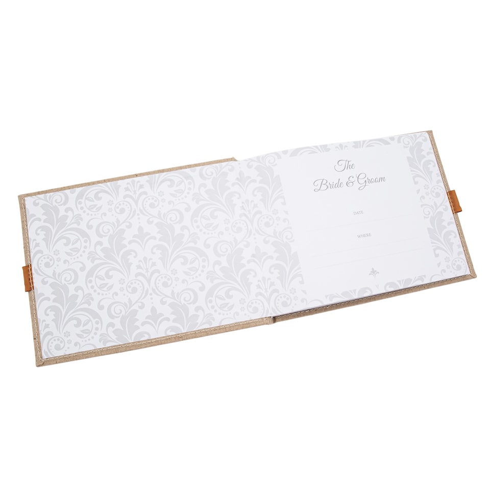 image 1 of Natural Linen Fabric Wedding Day Guest Book with Shiny Gold Rings