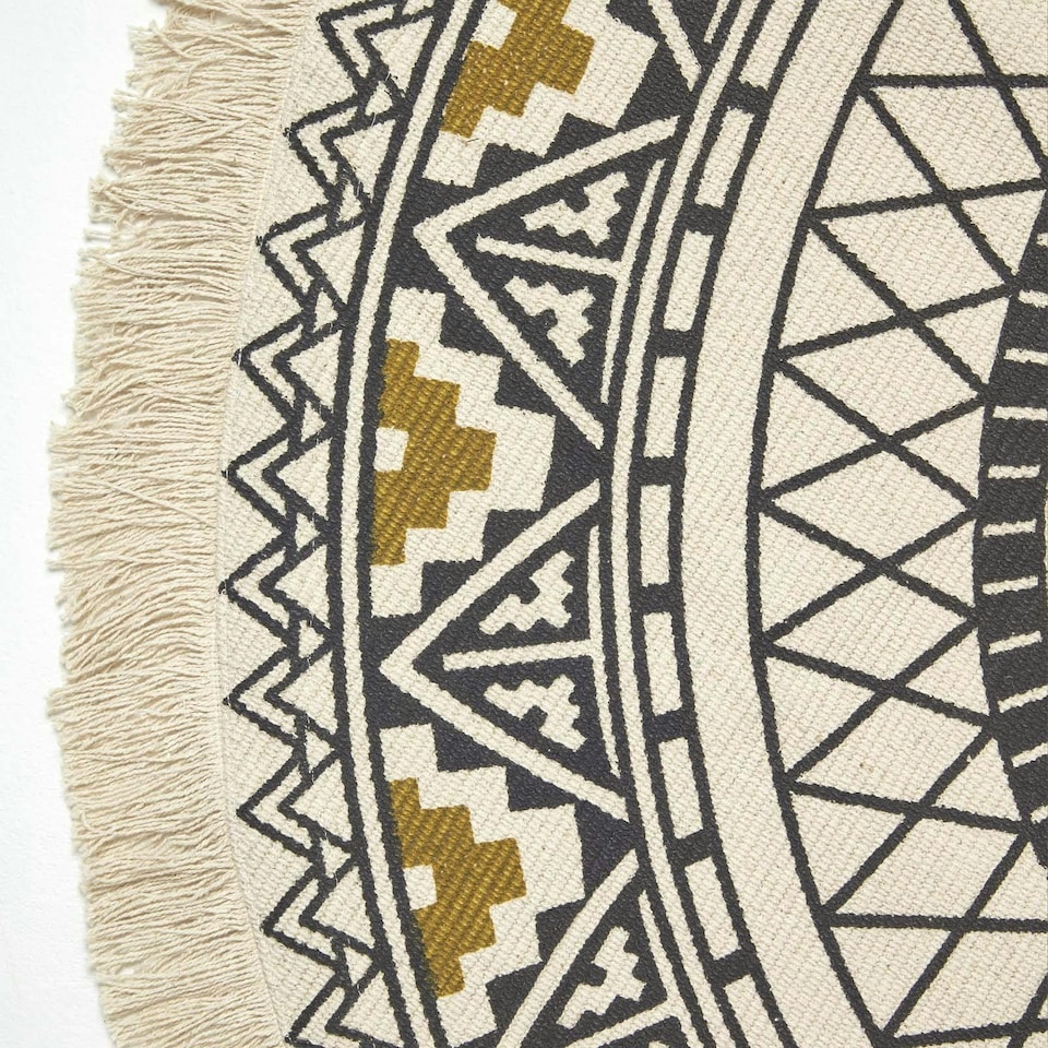 image 1 of Homescapes Black and Gold Cotton Mandala Printed Round Rug | Black | Black, Gold and Off-White