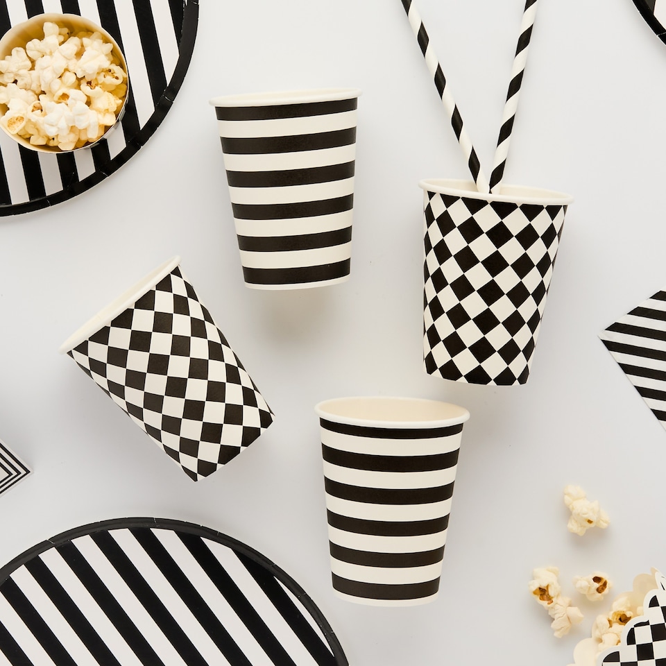 image 1 of Hootyballoo Monochrome Striped and Diamond Paper Cups - Pack of 8