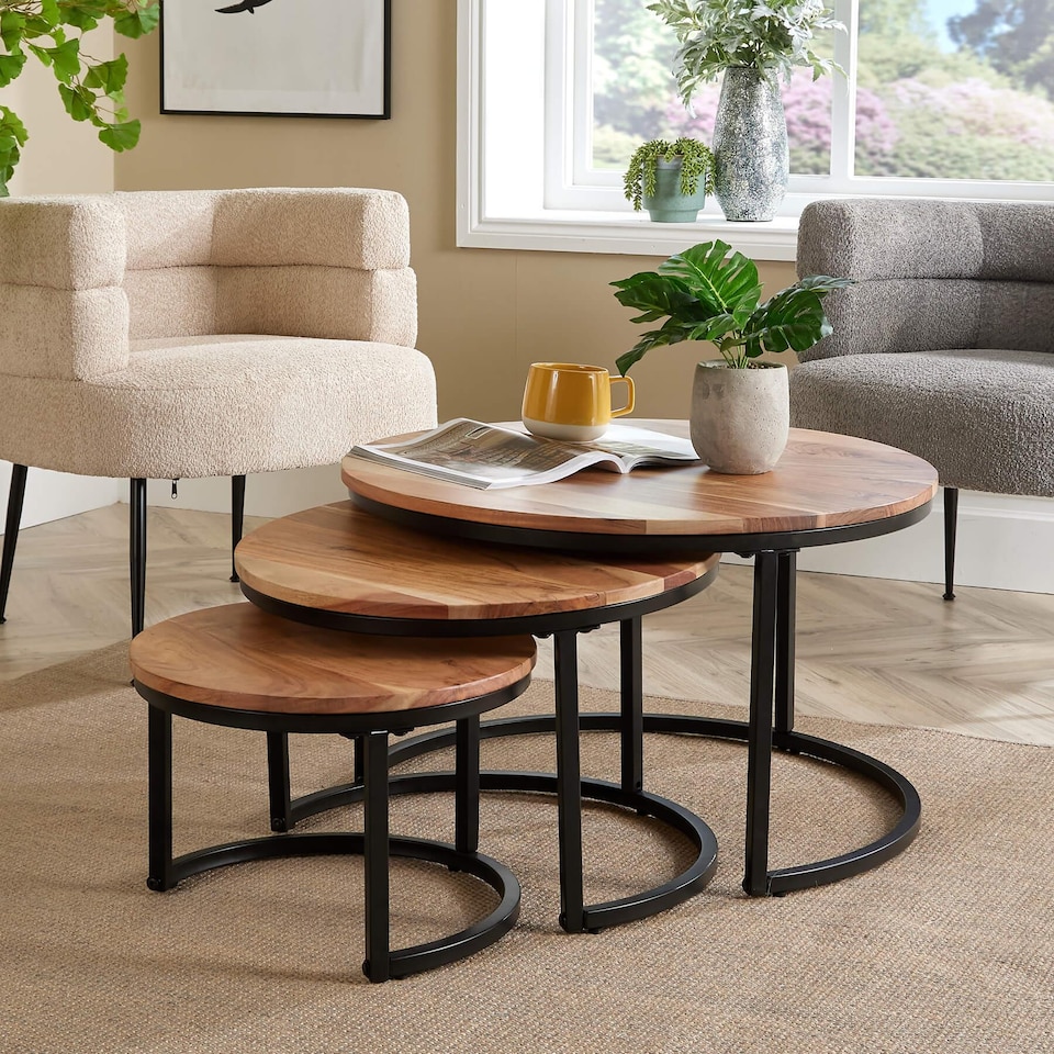 image 1 of Nest 3 Tables Solid Acacia Wooden Top Home Compact Furniture Design Living Room