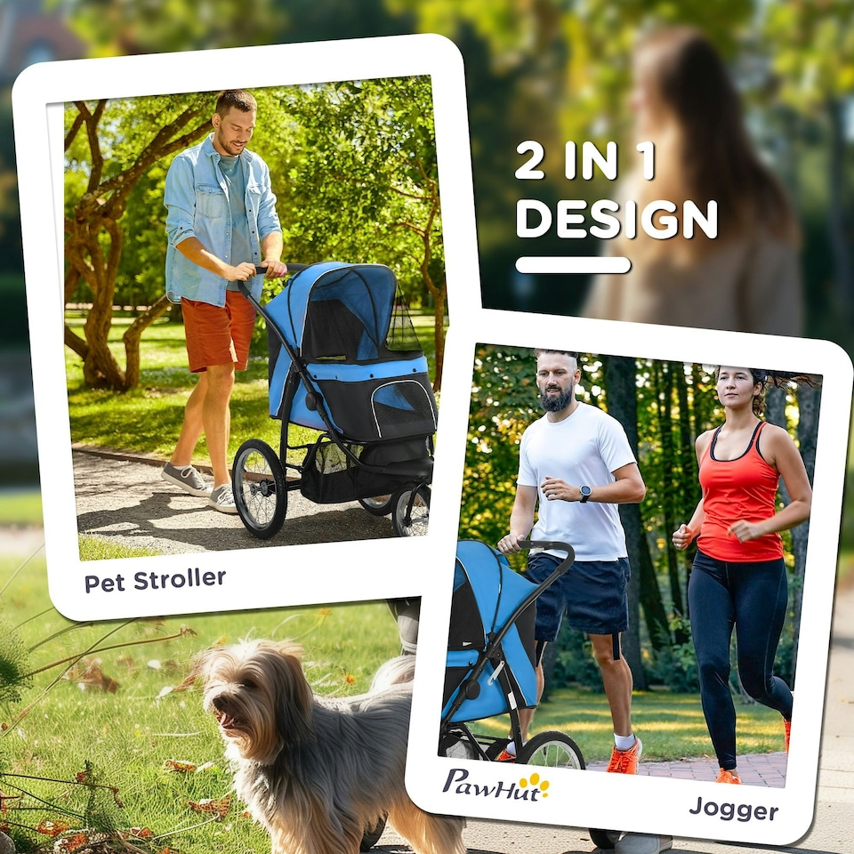 image 1 of PawHut 3 Wheel Pet Stroller, for Medium Small Dogs, Foldable Cat Pram - Blue