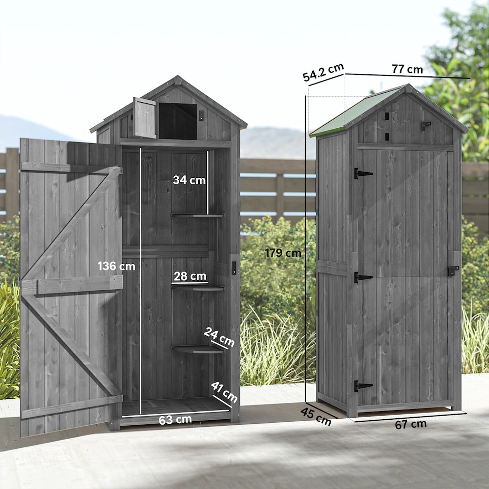 image 1 of Outsunny Wooden Garden Storage Shed Tool Storage Box, 77 x 54 x 179 cm, Grey | Grey