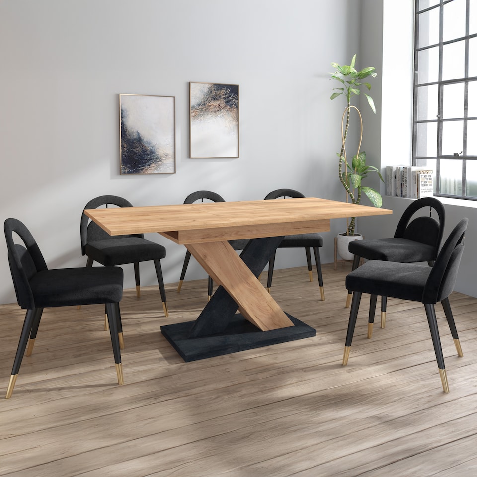 image 1 of Furneo Modern Dining Table Extendable 120-160cm Oak & Black Concrete Effect Enzo 01