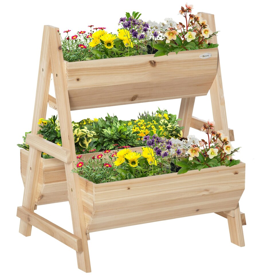 image 1 of Outsunny Raised Garden Bed Wood Planter Box with Stand for Vegetables Flowers