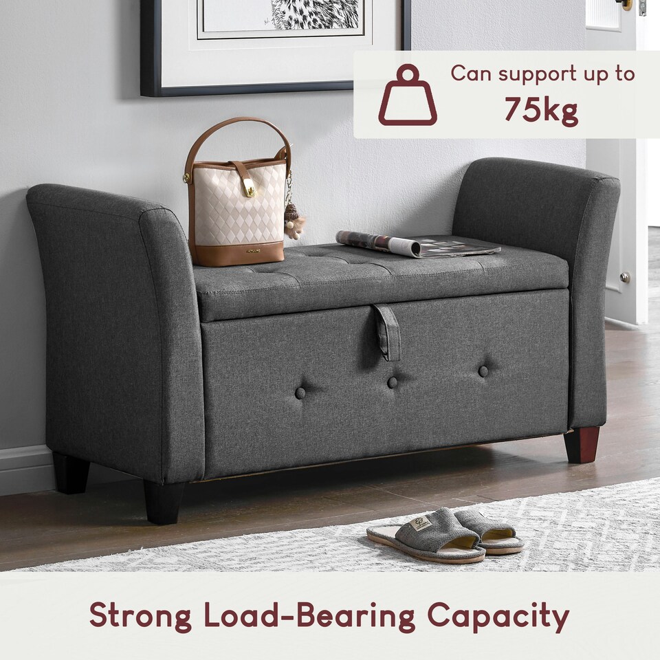 image 1 of Vida Designs Seville Storage Ottoman Bedroom Hallway Chest Bench, Dark Grey Linen Grey | Dark Grey Linen