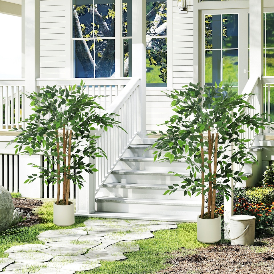 image 1 of HOMCOM 120cm Artificial Banyan Tree, Decorative Artificial Plant with Solid Wood Trunk and Pot for Indoor Living Room Home Office Decor, Green