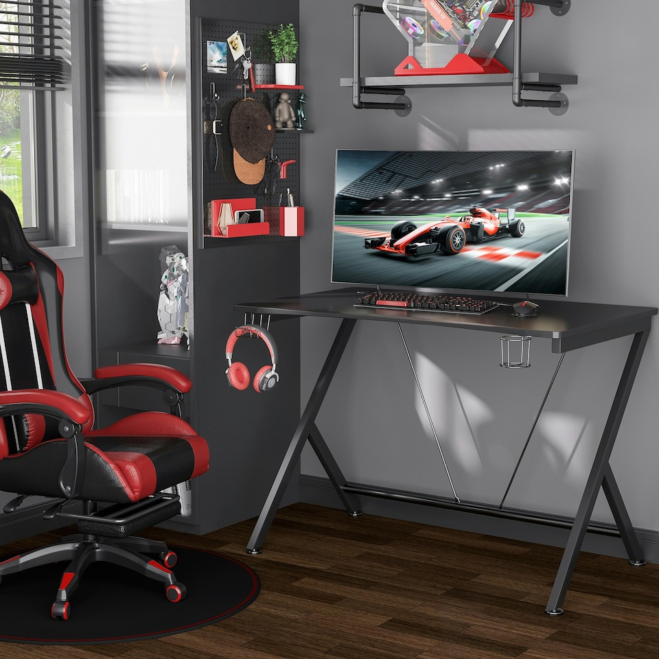 image 1 of HOMCOM Gaming Desk Computer Table with Cup Holder, Headphone Hook