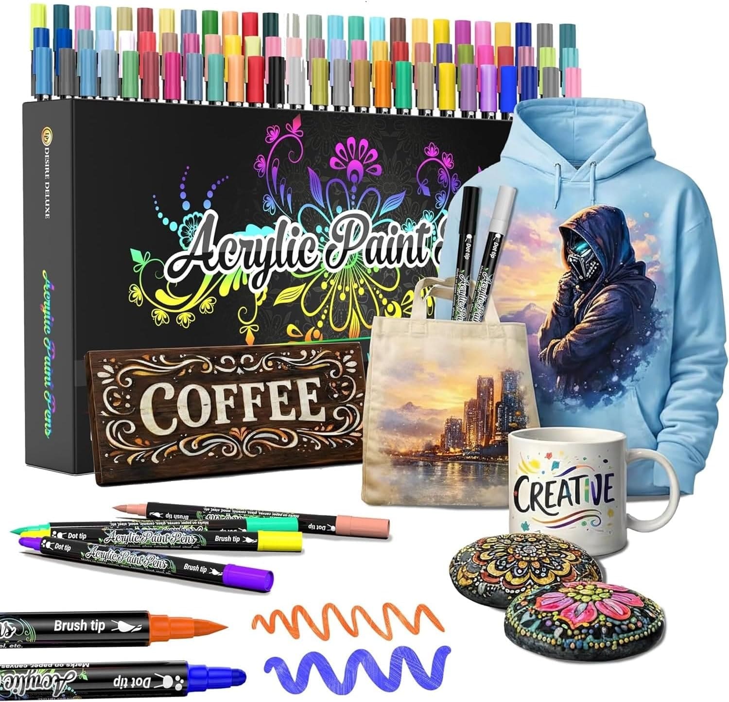 Desire Deluxe Acrylic Paint Pens for Rock Painting, Stone, Ceramic, Glass, Wood, Canvas Set of 78 Non Toxic Water Based Markers Great Artists Painting Supplies
