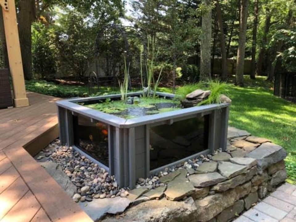 image 1 of Raised square pond with large windows Lotus Clear View Garden Aquarium in Grey